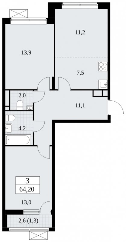 3-комнатная квартира (евро) без отделки, 64.2 м2, 7 этаж, сдача 1 квартал 2025 г., ЖК Прокшино, корпус 5.2.4 - объявление 1900678 - фото №1
