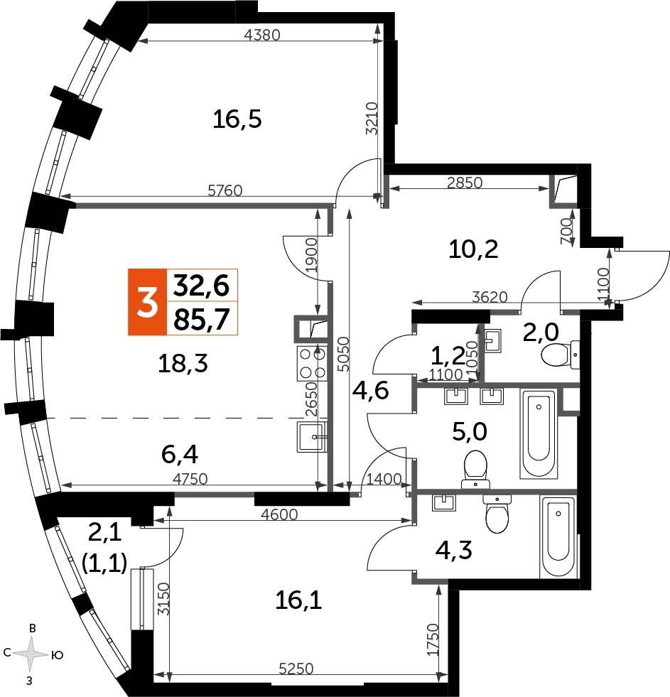 2-комнатная квартира с частичной отделкой, 85.7 м2, 27 этаж, сдача 3 квартал 2024 г., ЖК Sydney City, корпус 2.2 - объявление 2260114 - фото №1