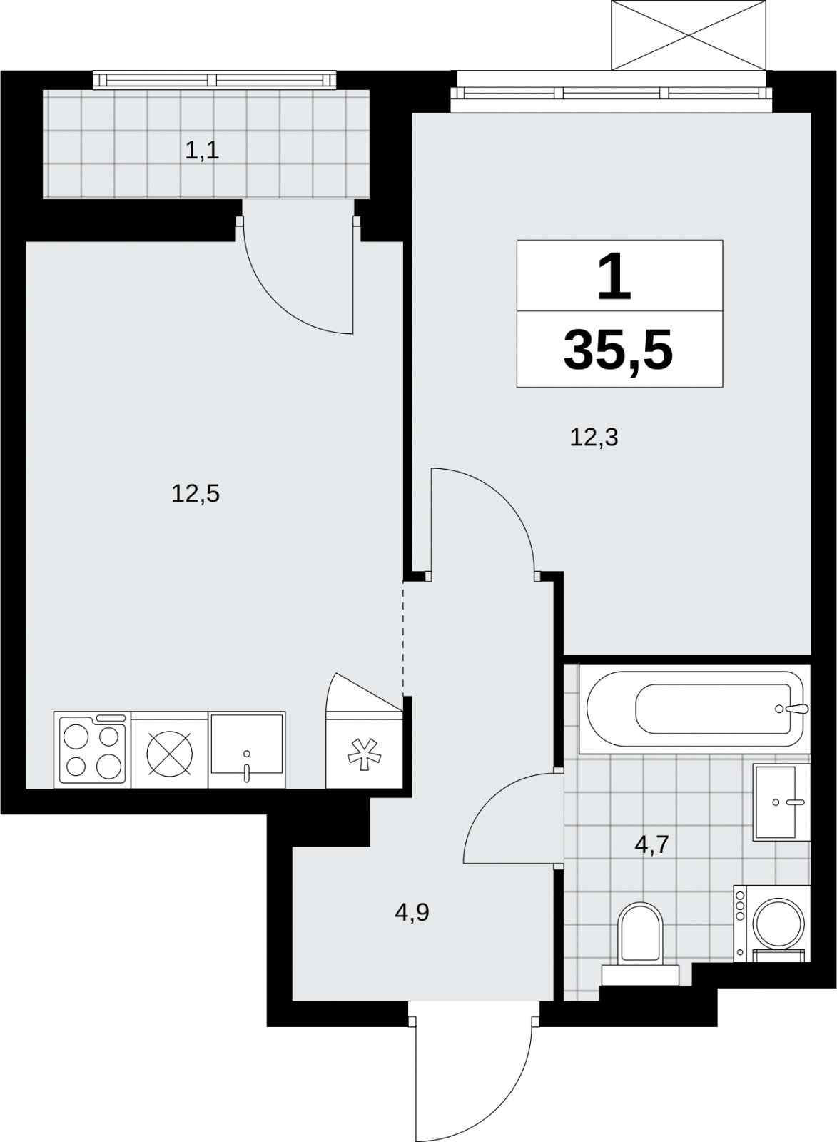 1-комнатная квартира без отделки, 35.5 м2, 3 этаж, сдача 1 квартал 2026 г., ЖК Дзен-кварталы, корпус 6.2.1 - объявление 2328312 - фото №1