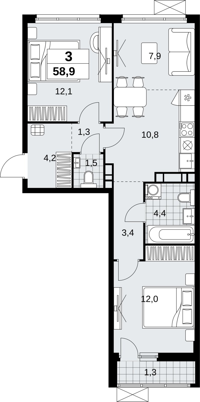 3-комнатная квартира (евро) без отделки, 58.9 м2, 7 этаж, сдача 4 квартал 2026 г., ЖК Скандинавия, корпус 2.18.2.5 - объявление 2351616 - фото №1