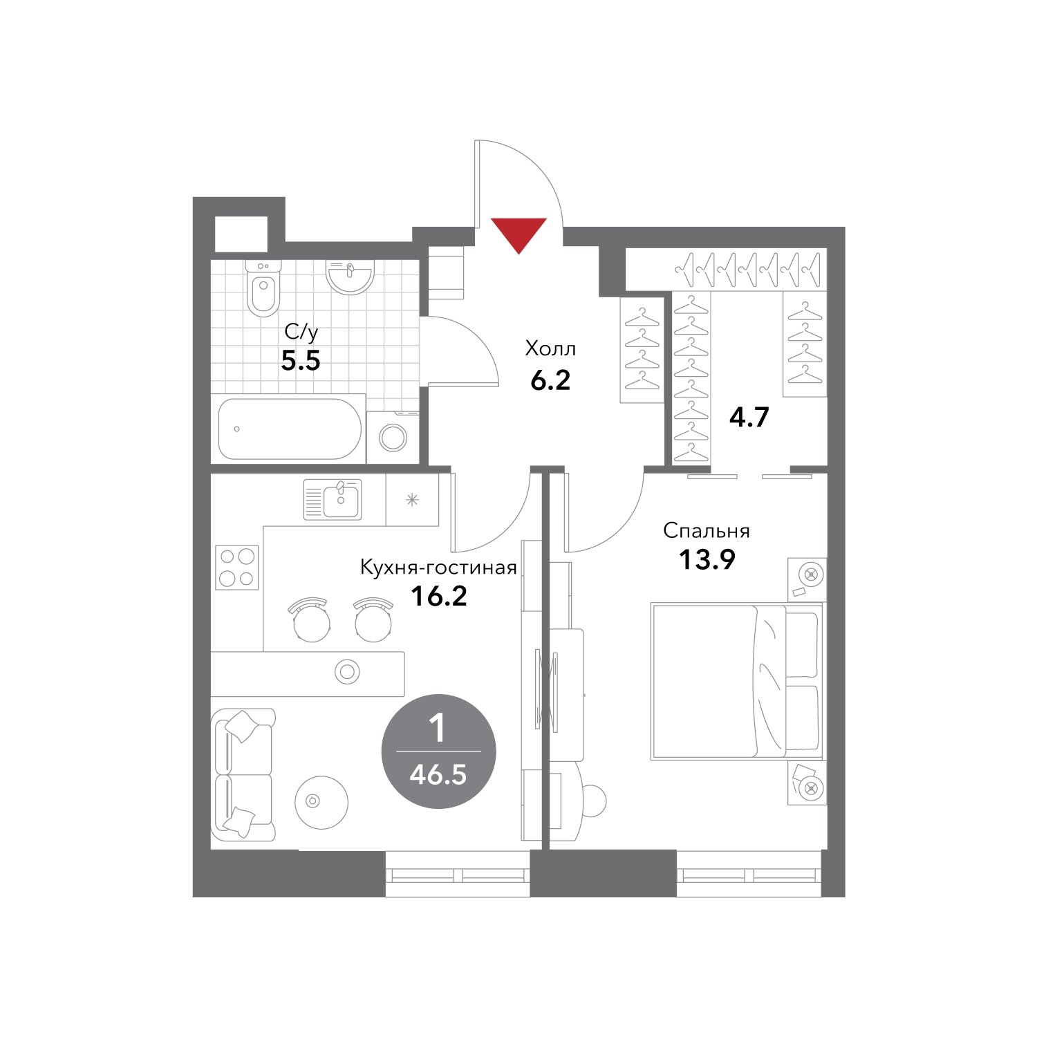 1-комнатные апартаменты без отделки, 46.5 м2, 12 этаж, сдача 3 квартал 2025 г., ЖК VOXHALL, корпус 4 - объявление 1981736 - фото №1