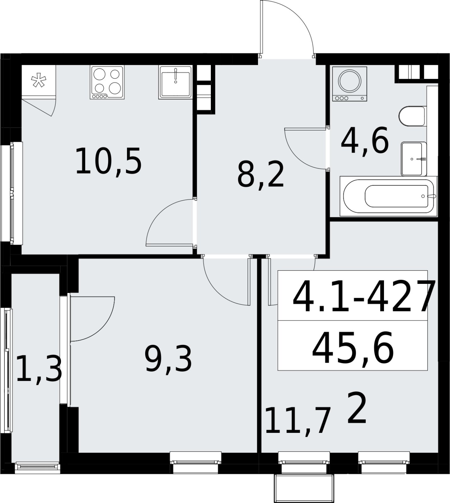 2-комнатная квартира с полной отделкой, 45.6 м2, 4 этаж, сдача 2 квартал 2027 г., ЖК Южные сады, корпус 4.1.2 - объявление 2392933 - фото №1