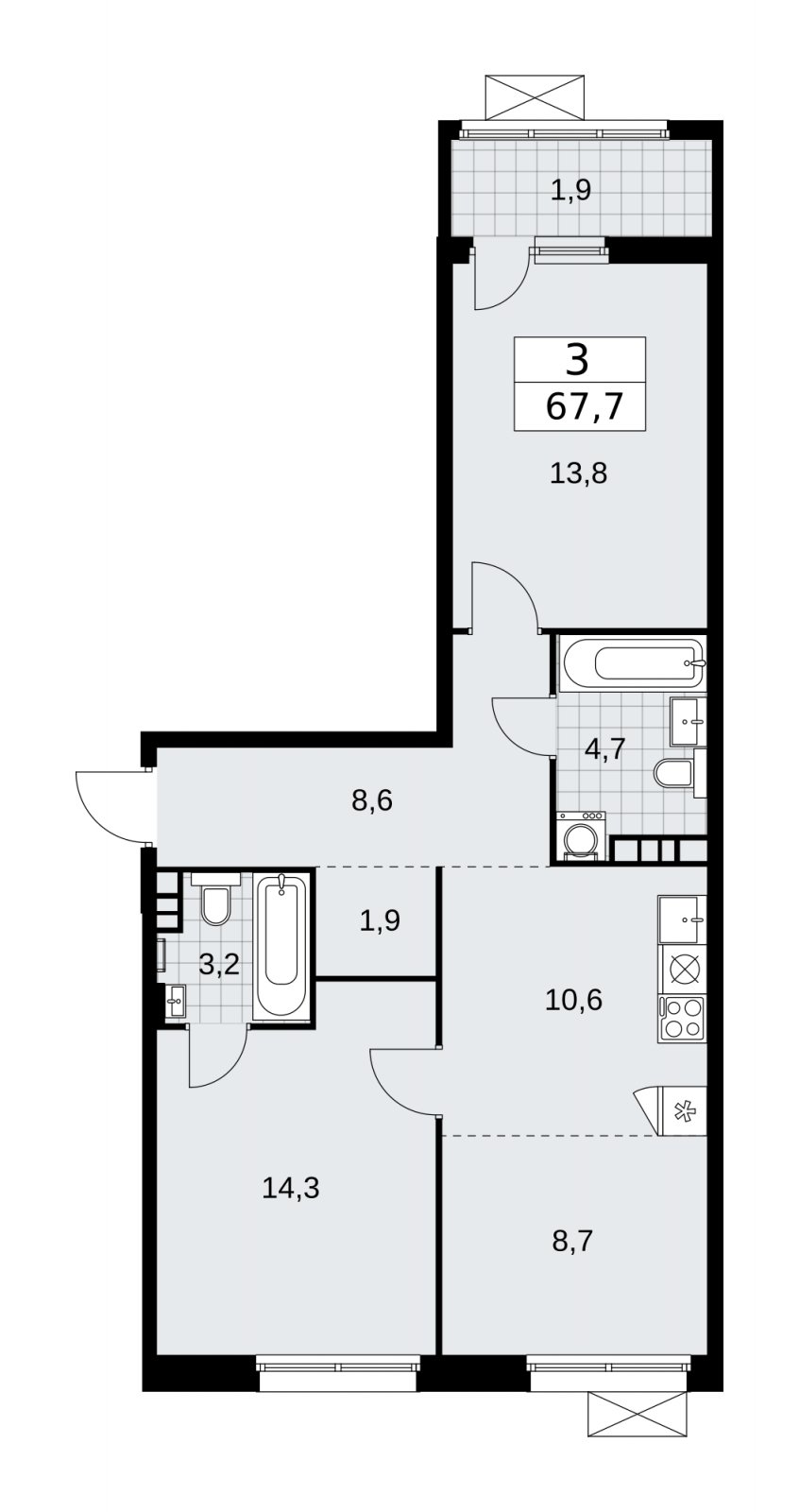 3-комнатная квартира (евро) с частичной отделкой, 67.7 м2, 5 этаж, сдача 2 квартал 2026 г., ЖК Дзен-кварталы, корпус 4.1 - объявление 2251414 - фото №1