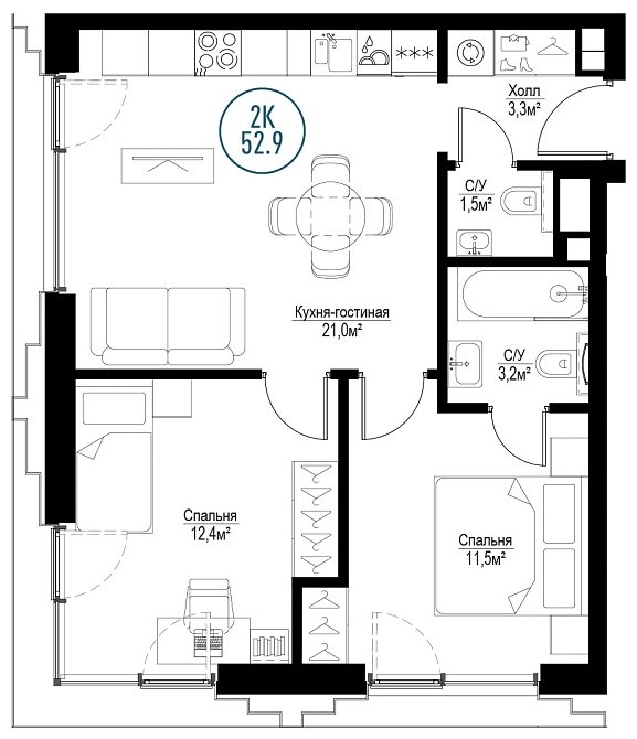 2-комнатная квартира с частичной отделкой, 52.9 м2, 15 этаж, сдача 3 квартал 2024 г., ЖК Метрополия, корпус Amsterdam - объявление 1937466 - фото №1