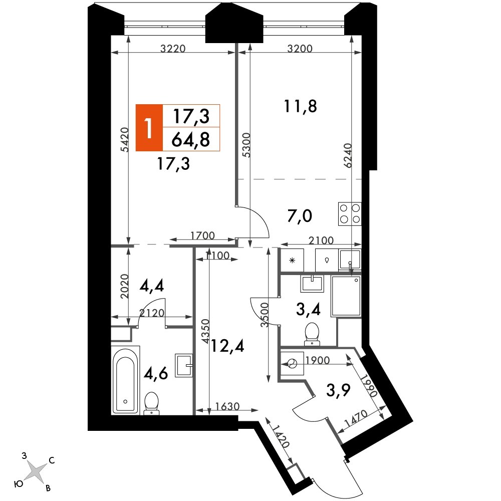 1-комнатная квартира без отделки, 64.8 м2, 16 этаж, сдача 4 квартал 2023 г., ЖК Архитектор, корпус 3 - объявление 2207469 - фото №1
