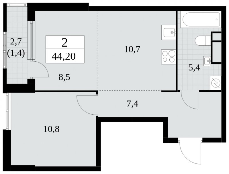 2-комнатная квартира (евро) с частичной отделкой, 44.2 м2, 3 этаж, сдача 2 квартал 2025 г., ЖК Южные сады, корпус 2.1 - объявление 1759938 - фото №1