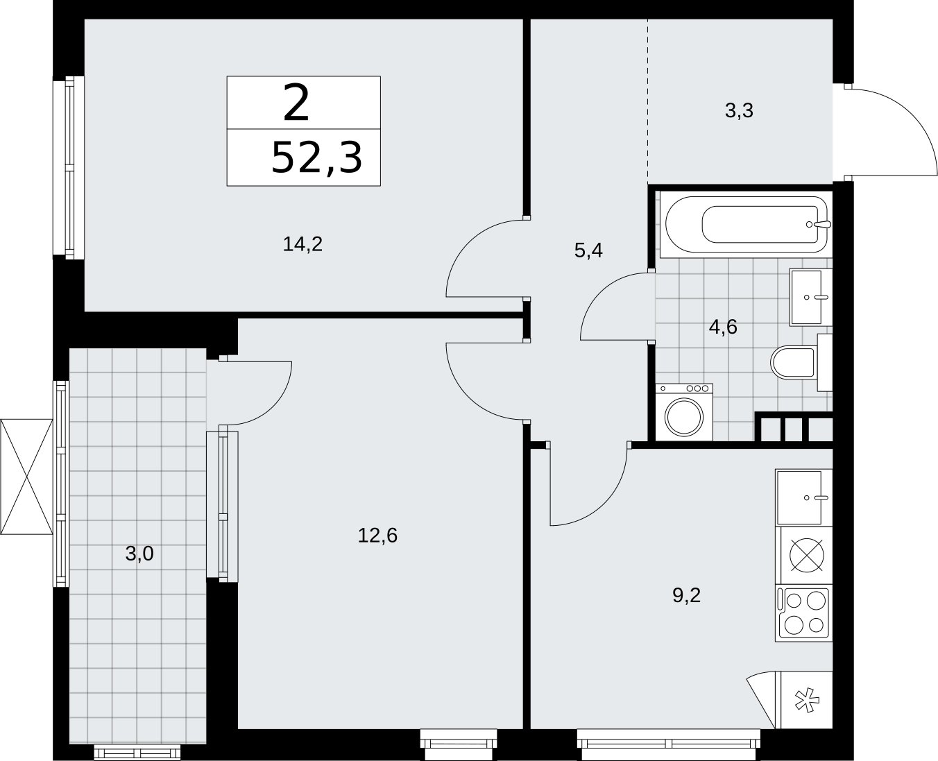 2-комнатная квартира без отделки, 52.3 м2, 3 этаж, сдача 2 квартал 2026 г., ЖК Бунинские кварталы, корпус 5.3 - объявление 2297508 - фото №1