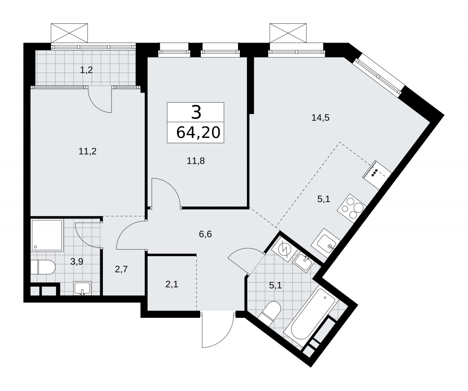 3-комнатная квартира (евро) с частичной отделкой, 64.2 м2, 13 этаж, сдача 1 квартал 2026 г., ЖК Дом на Зорге, корпус 25 - объявление 2221230 - фото №1