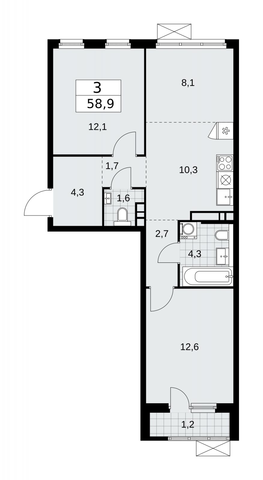 3-комнатная квартира (евро) с частичной отделкой, 58.9 м2, 6 этаж, сдача 2 квартал 2026 г., ЖК Прокшино, корпус 11.2.3 - объявление 2270281 - фото №1