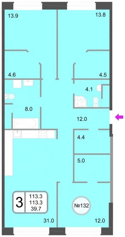 3-комнатная квартира без отделки, 113.3 м2, 3 этаж, дом сдан, ЖК Хорошевский, корпус 1 - объявление 1106993 - фото №1