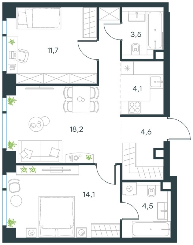 3-комнатная квартира (евро) с частичной отделкой, 60.7 м2, 2 этаж, сдача 4 квартал 2024 г., ЖК Level Мичуринский, корпус 5 - объявление 1635467 - фото №1