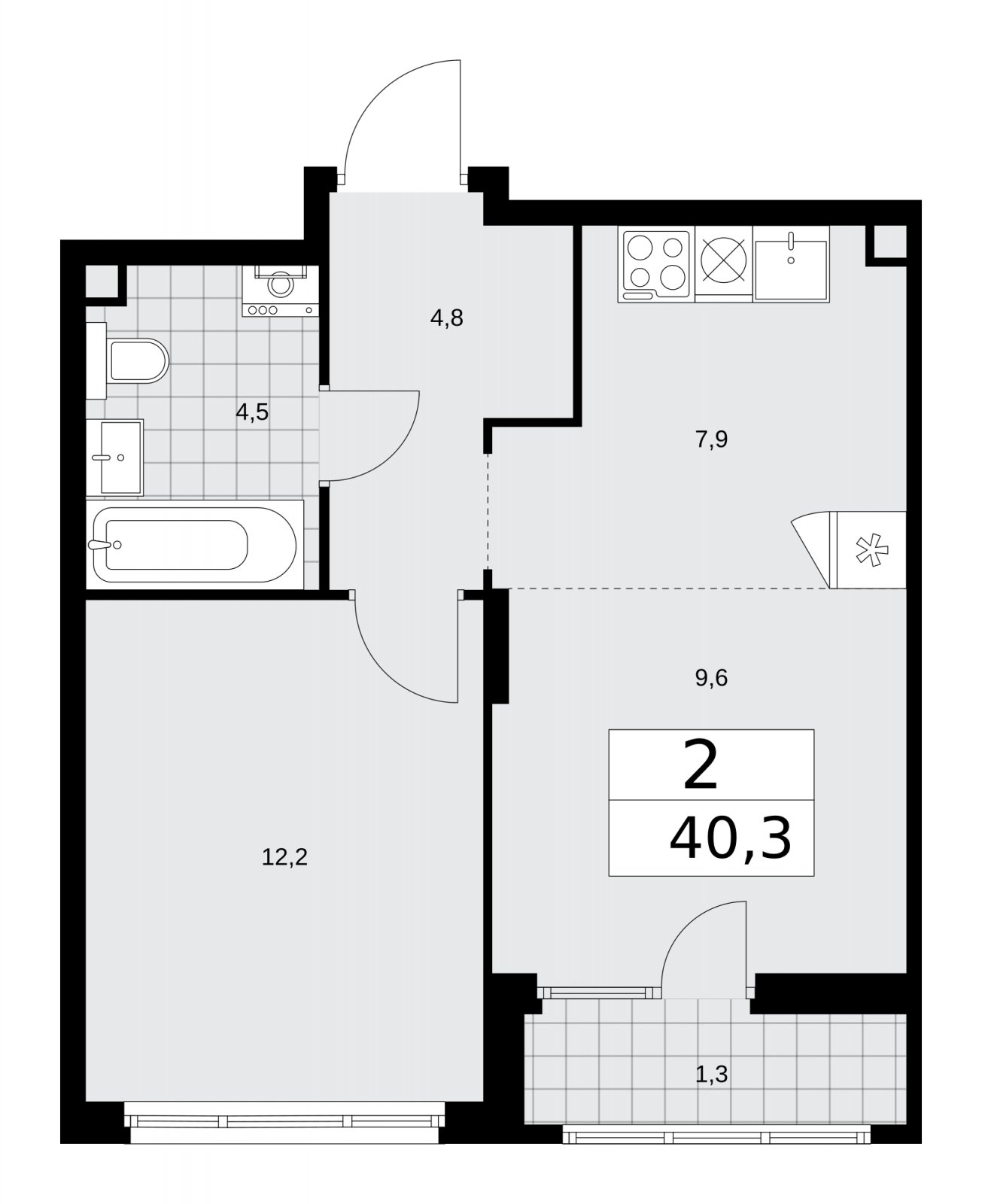 2-комнатная квартира (евро) с частичной отделкой, 40.3 м2, 2 этаж, сдача 2 квартал 2026 г., ЖК Деснаречье, корпус 4.4 - объявление 2264179 - фото №1