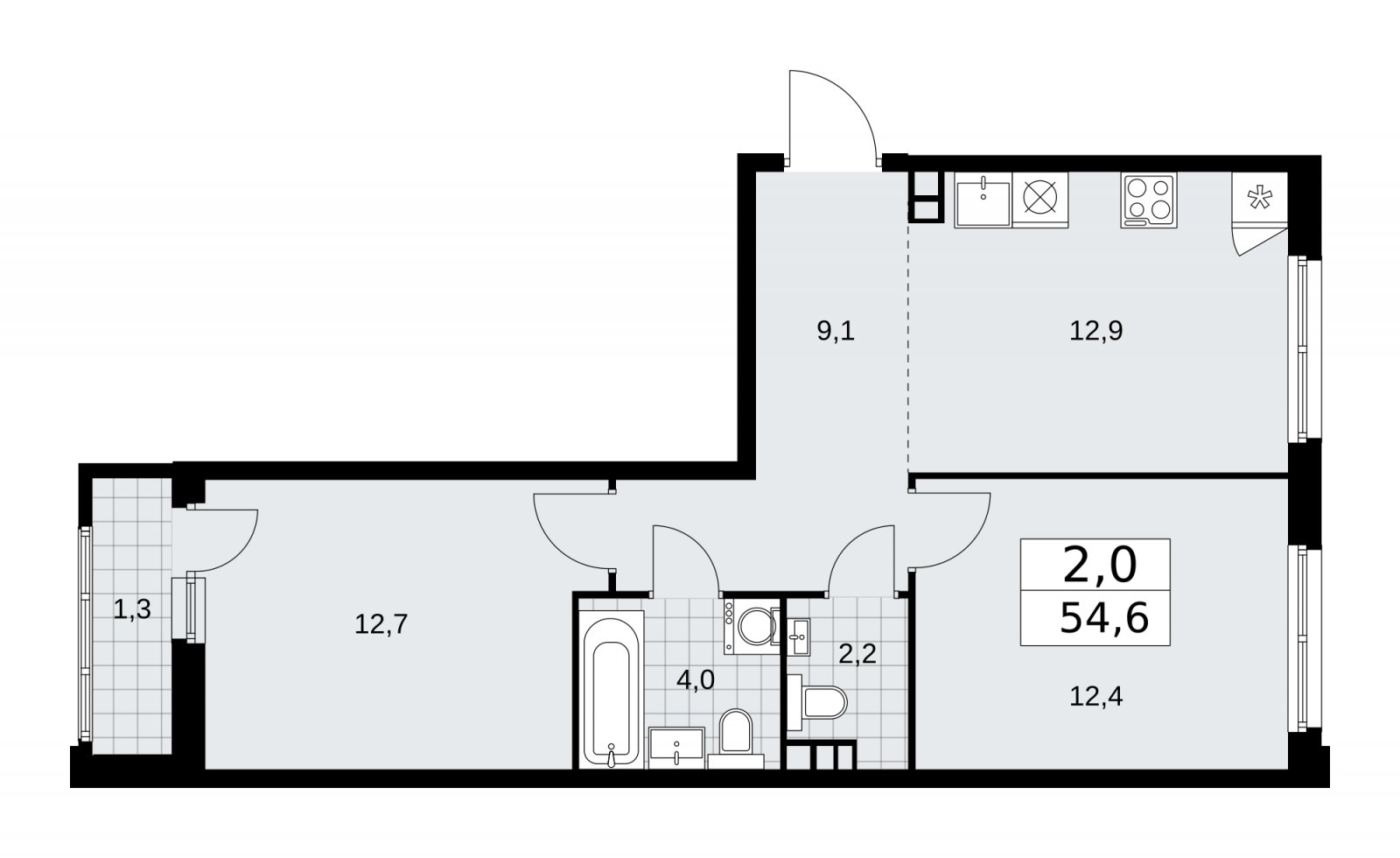 2-комнатная квартира без отделки, 54.6 м2, 3 этаж, сдача 1 квартал 2026 г., ЖК Дзен-кварталы, корпус 3.2 - объявление 2241569 - фото №1