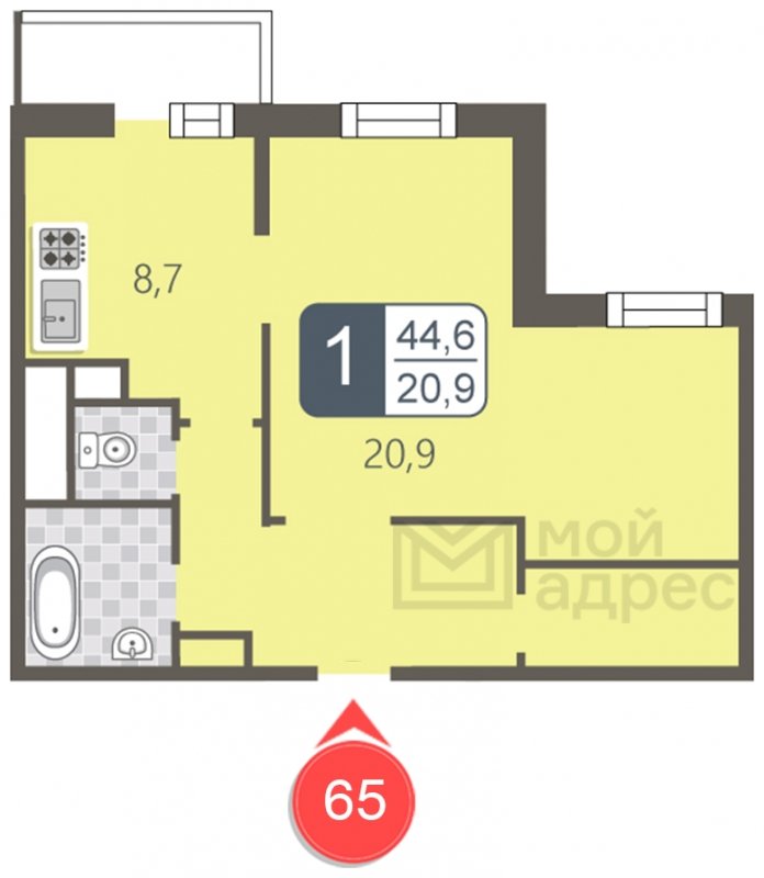 1-комнатная квартира с полной отделкой, 44.6 м2, 10 этаж, дом сдан, ЖК мой адрес В Зеленограде, корпус 2032 - объявление 1745458 - фото №1