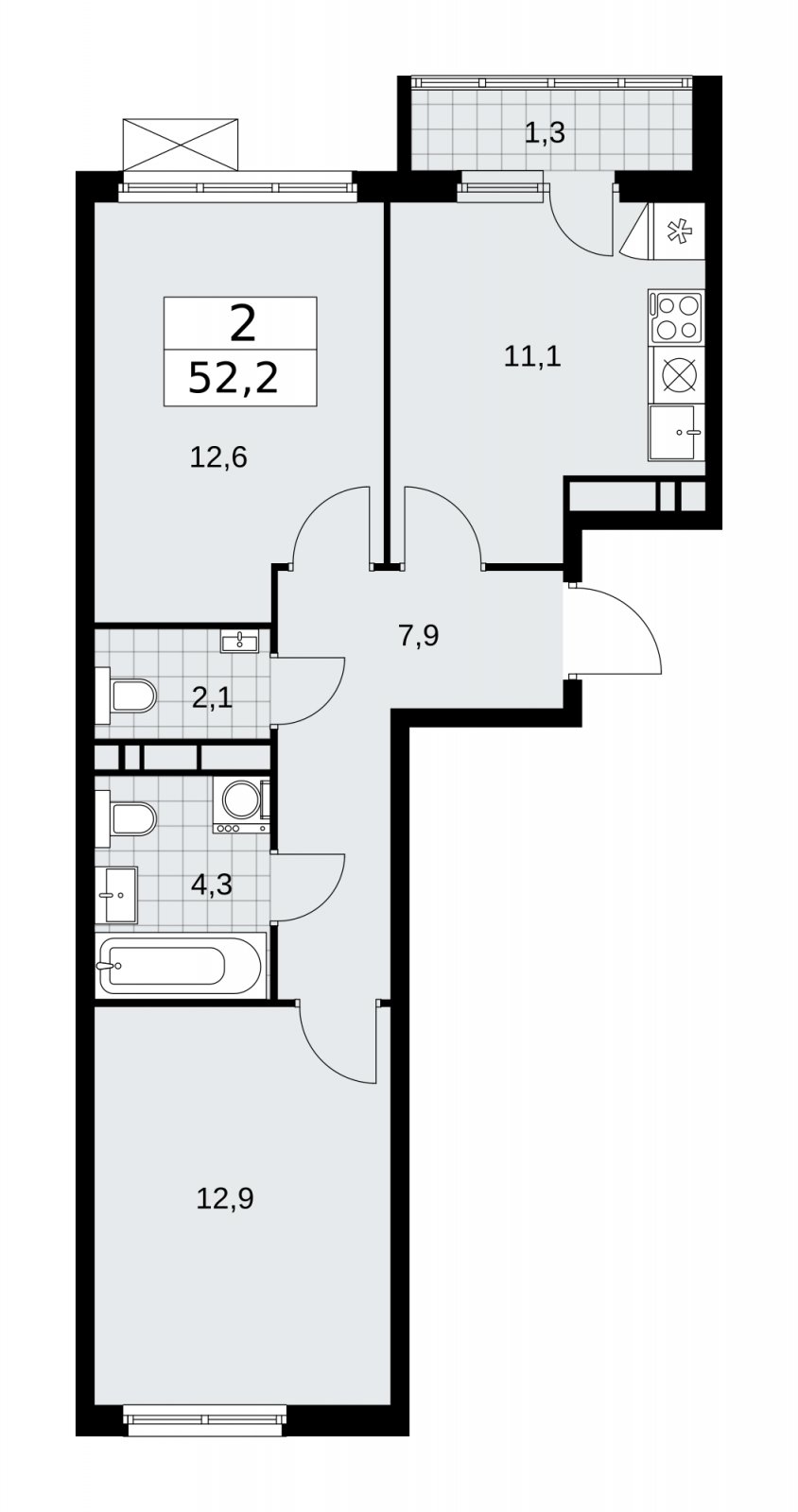 2-комнатная квартира без отделки, 52.2 м2, 11 этаж, сдача 4 квартал 2025 г., ЖК Прокшино, корпус 11.1.4 - объявление 2257554 - фото №1