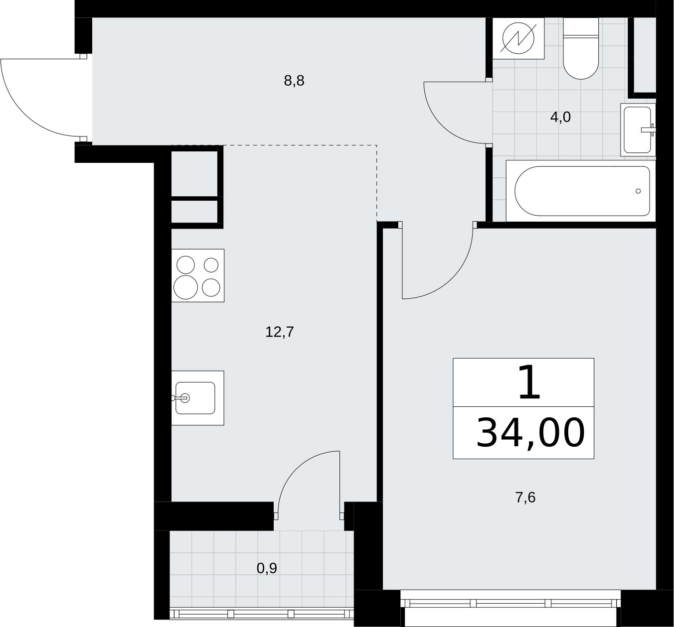 1-комнатная квартира с полной отделкой, 34 м2, 4 этаж, сдача 4 квартал 2026 г., ЖК Родные кварталы, корпус 1.2 - объявление 2317816 - фото №1