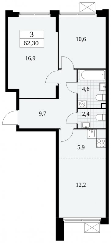 3-комнатная квартира (евро) с частичной отделкой, 62.3 м2, 2 этаж, сдача 2 квартал 2025 г., ЖК Скандинавия, корпус 2.27.4 - объявление 1840701 - фото №1