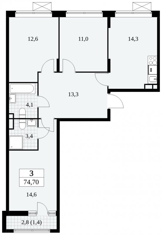3-комнатная квартира с частичной отделкой, 74.7 м2, 4 этаж, сдача 3 квартал 2024 г., ЖК Прокшино, корпус 8.2 - объявление 1683723 - фото №1