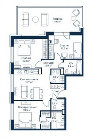 3-комнатная квартира с частичной отделкой, 91.42 м2, 2 этаж, сдача 2 квартал 2023 г., ЖК City Bay, корпус Indian Ocean 2 - объявление 1934875 - фото №1