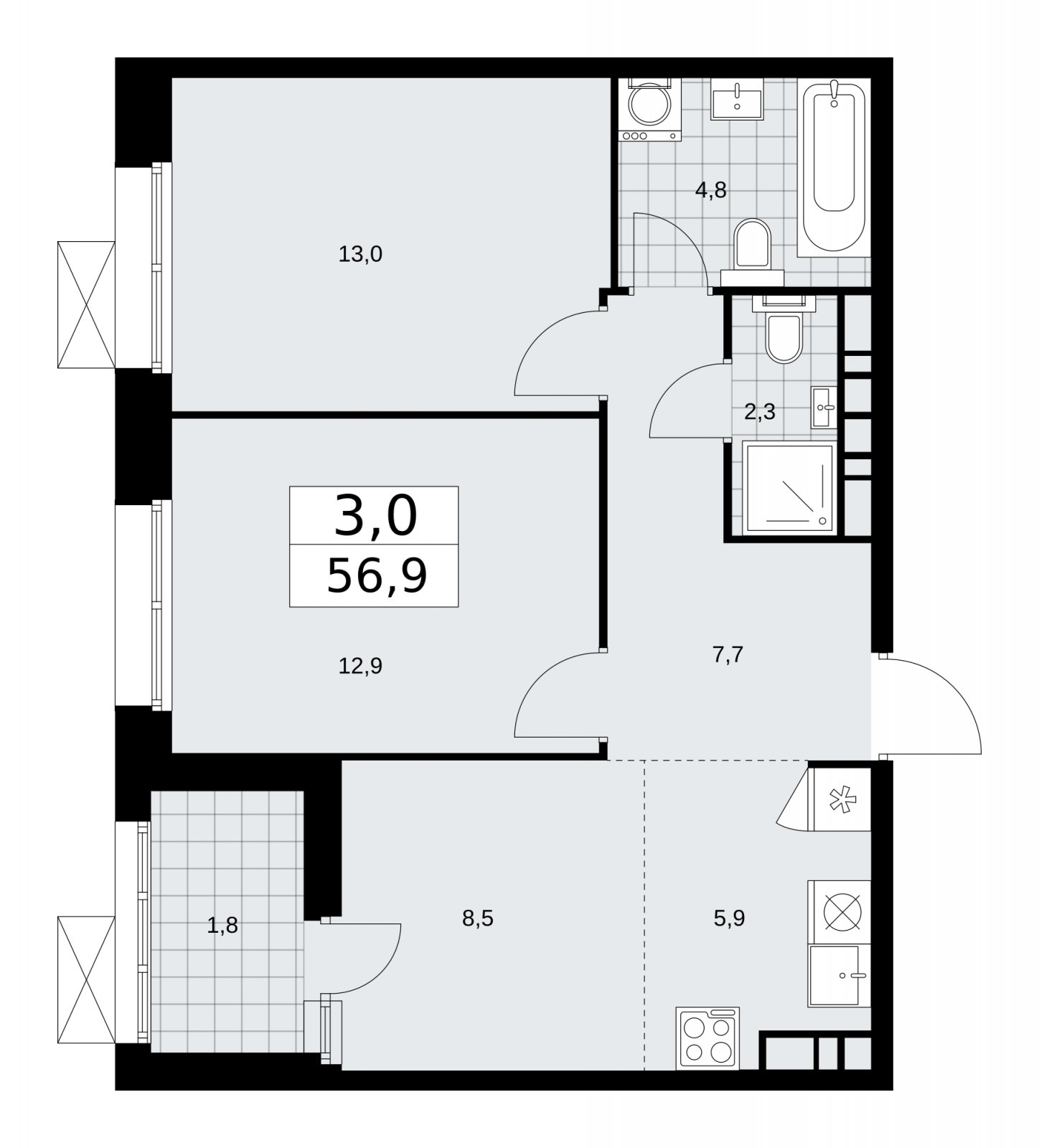 3-комнатная квартира (евро) с частичной отделкой, 56.9 м2, 19 этаж, сдача 1 квартал 2026 г., ЖК Бунинские кварталы, корпус 6.1 - объявление 2252513 - фото №1
