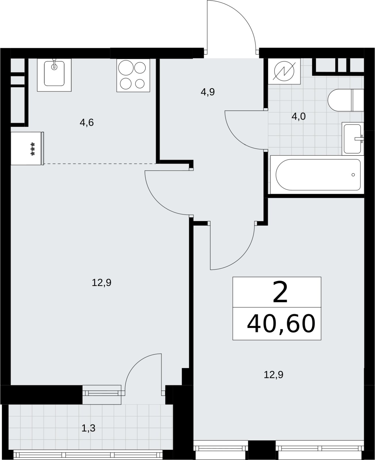 2-комнатная квартира (евро) без отделки, 40.6 м2, 9 этаж, сдача 3 квартал 2026 г., ЖК Родные кварталы, корпус 3.1 - объявление 2378257 - фото №1