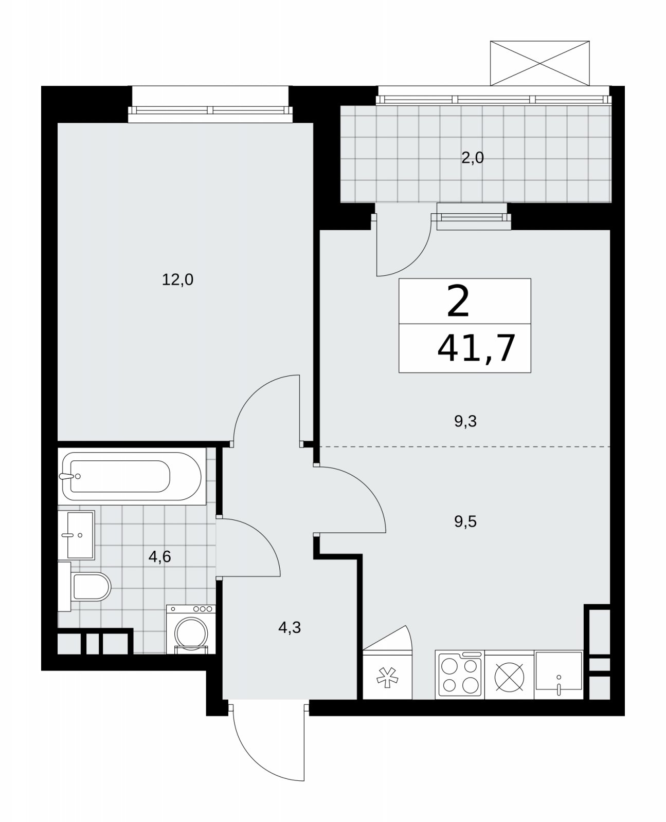 2-комнатная квартира (евро) с частичной отделкой, 41.7 м2, 8 этаж, сдача 2 квартал 2026 г., ЖК Дзен-кварталы, корпус 4.1 - объявление 2251463 - фото №1