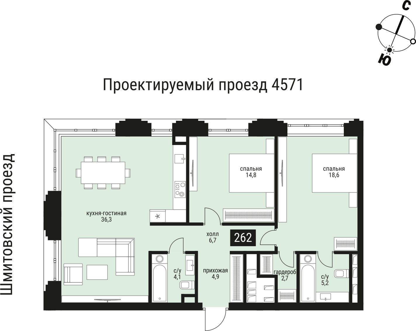 2-комнатная квартира без отделки, 93.3 м2, 26 этаж, сдача 2 квартал 2026 г., ЖК Шелепиха, корпус 1 - объявление 2383576 - фото №1