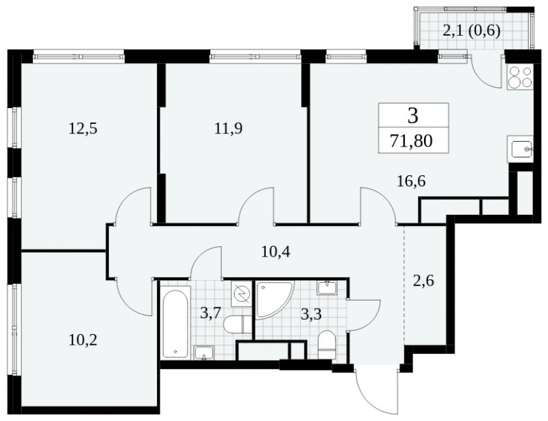 3-комнатная квартира без отделки, 71.8 м2, 21 этаж, сдача 2 квартал 2025 г., ЖК Южные сады, корпус 2.3 - объявление 1758382 - фото №1