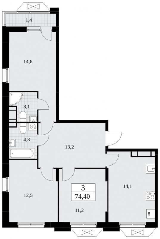 3-комнатная квартира без отделки, 74.4 м2, 15 этаж, сдача 4 квартал 2024 г., ЖК Бунинские кварталы, корпус 1.3 - объявление 1834826 - фото №1
