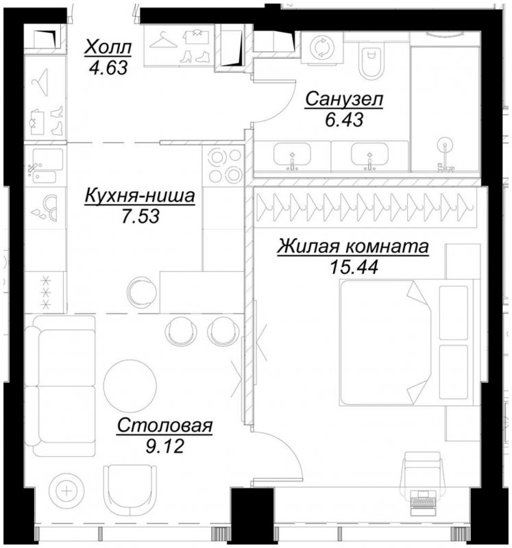 1-комнатная квартира с частичной отделкой, 43.07 м2, 15 этаж, сдача 4 квартал 2024 г., ЖК MOD, корпус Mod.D - объявление 1788203 - фото №1
