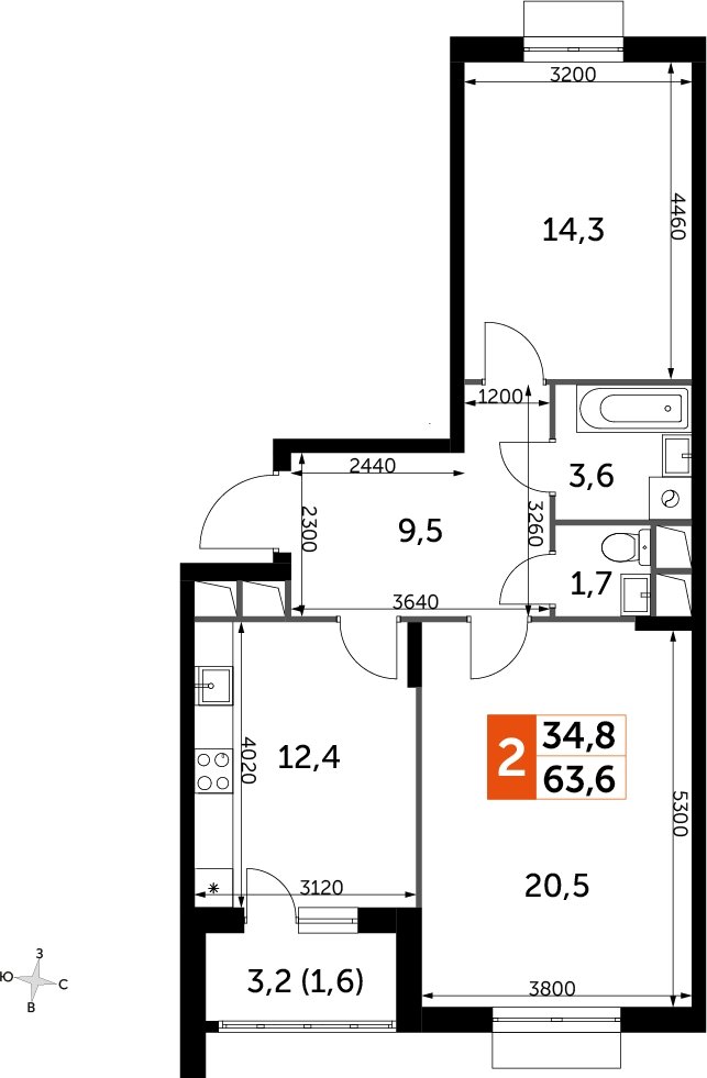 2-комнатная квартира без отделки, 63.6 м2, 4 этаж, дом сдан, ЖК UP-квартал Римский, корпус 7 - объявление 2329956 - фото №1