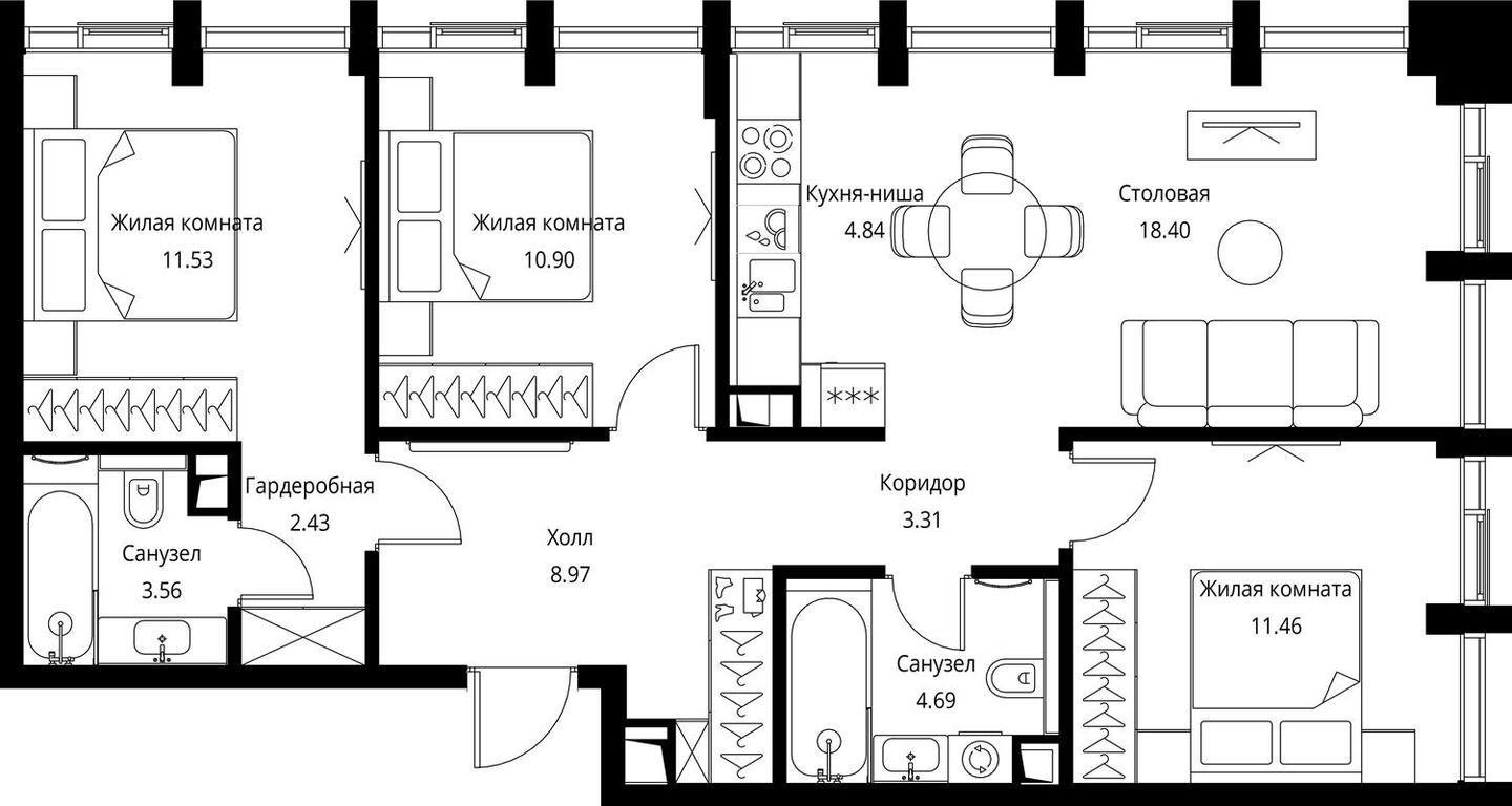 3-комнатная квартира с частичной отделкой, 80.09 м2, 15 этаж, сдача 3 квартал 2026 г., ЖК City Bay, корпус North Ocean 10 - объявление 2240647 - фото №1
