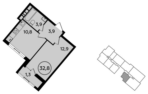 1-комнатная квартира с частичной отделкой, 32.8 м2, 7 этаж, сдача 2 квартал 2023 г., ЖК Прокшино, корпус 3.2 - объявление 1639810 - фото №1