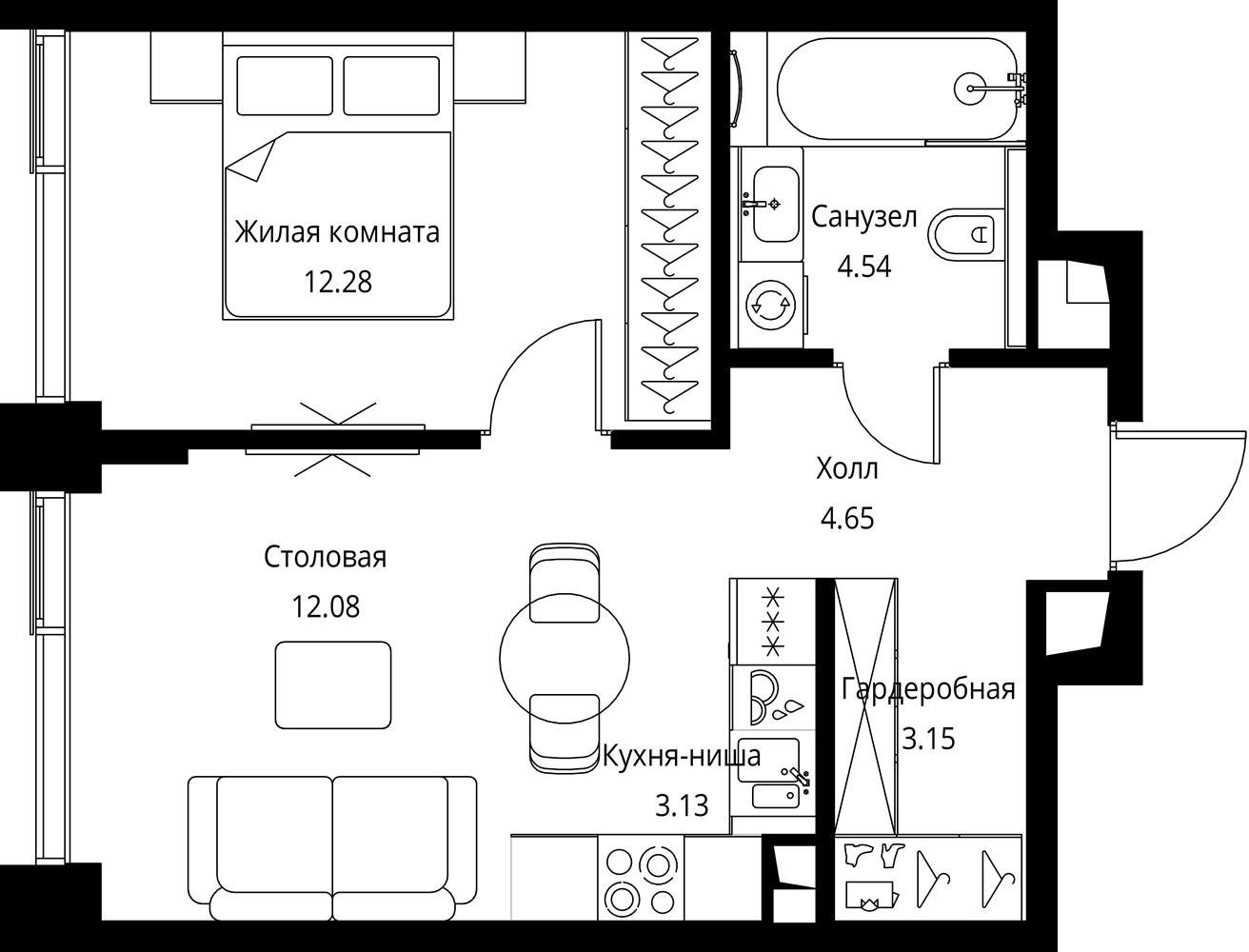 1-комнатная квартира с частичной отделкой, 39.83 м2, 12 этаж, сдача 3 квартал 2026 г., ЖК City Bay, корпус North Ocean 7 - объявление 2332254 - фото №1