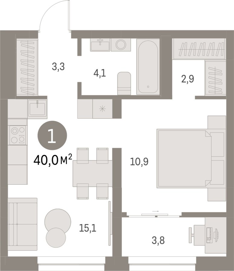 1-комнатная квартира с частичной отделкой, 39.95 м2, 7 этаж, сдача 1 квартал 2025 г., ЖК Первый квартал, корпус Дом 5 - объявление 2281574 - фото №1