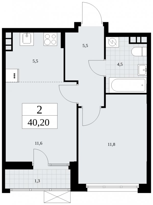 2-комнатная квартира (евро) без отделки, 40.2 м2, 5 этаж, сдача 4 квартал 2024 г., ЖК Бунинские кварталы, корпус 2.4 - объявление 1882603 - фото №1