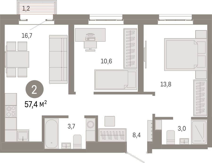 2-комнатная квартира с частичной отделкой, 57.4 м2, 12 этаж, сдача 3 квартал 2026 г., ЖК Квартал Метроном, корпус 1 - объявление 2372356 - фото №1