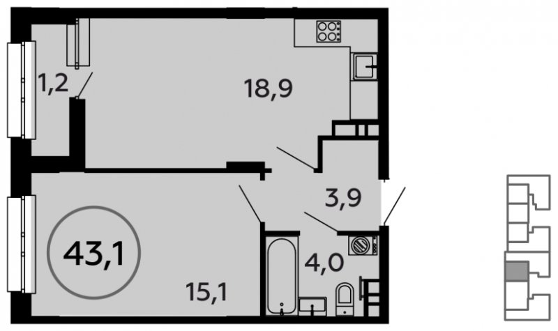 1-комнатная квартира без отделки, 43.1 м2, 16 этаж, дом сдан, ЖК Скандинавия, корпус 6.1 - объявление 1182684 - фото №1