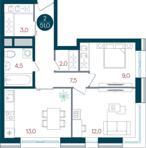 2-комнатная квартира без отделки, 51 м2, 12 этаж, дом сдан, ЖК РУСИЧ Новые Котельники, корпус 1 - объявление 2433543 - фото №1