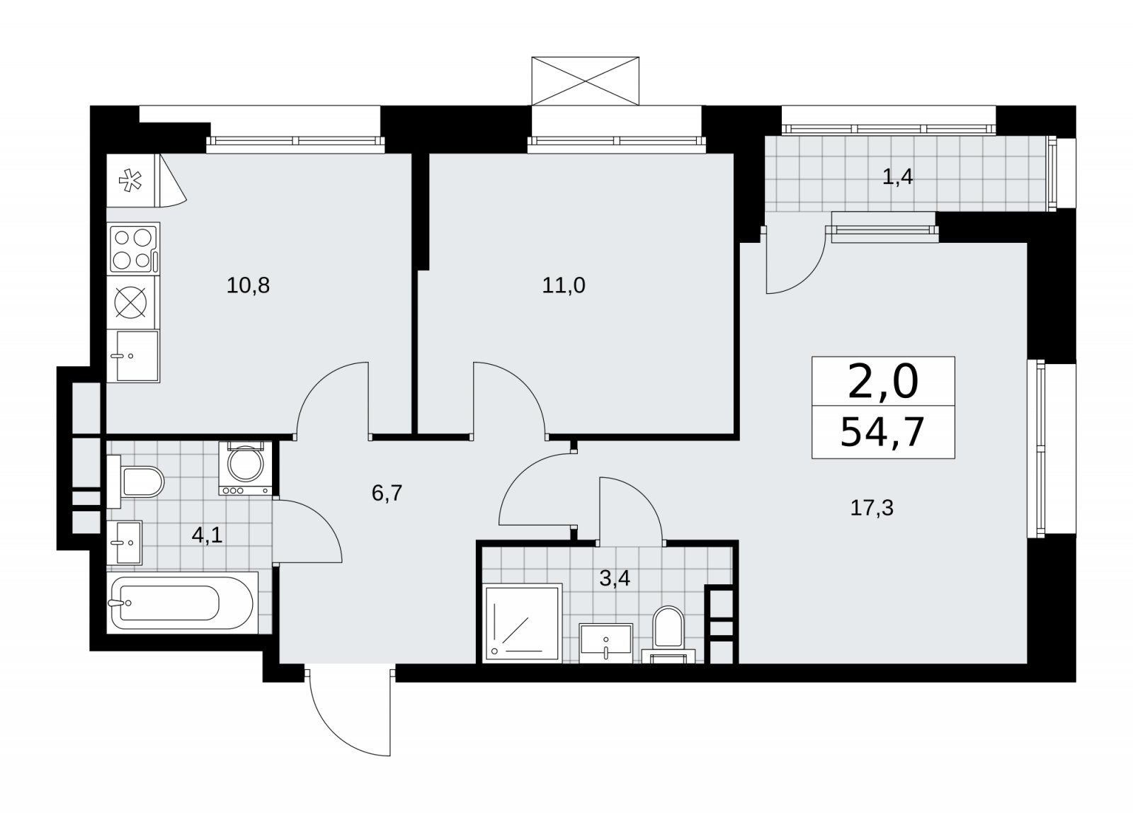 2-комнатная квартира с частичной отделкой, 54.7 м2, 7 этаж, сдача 1 квартал 2026 г., ЖК Бунинские кварталы, корпус 6.3 - объявление 2252665 - фото №1
