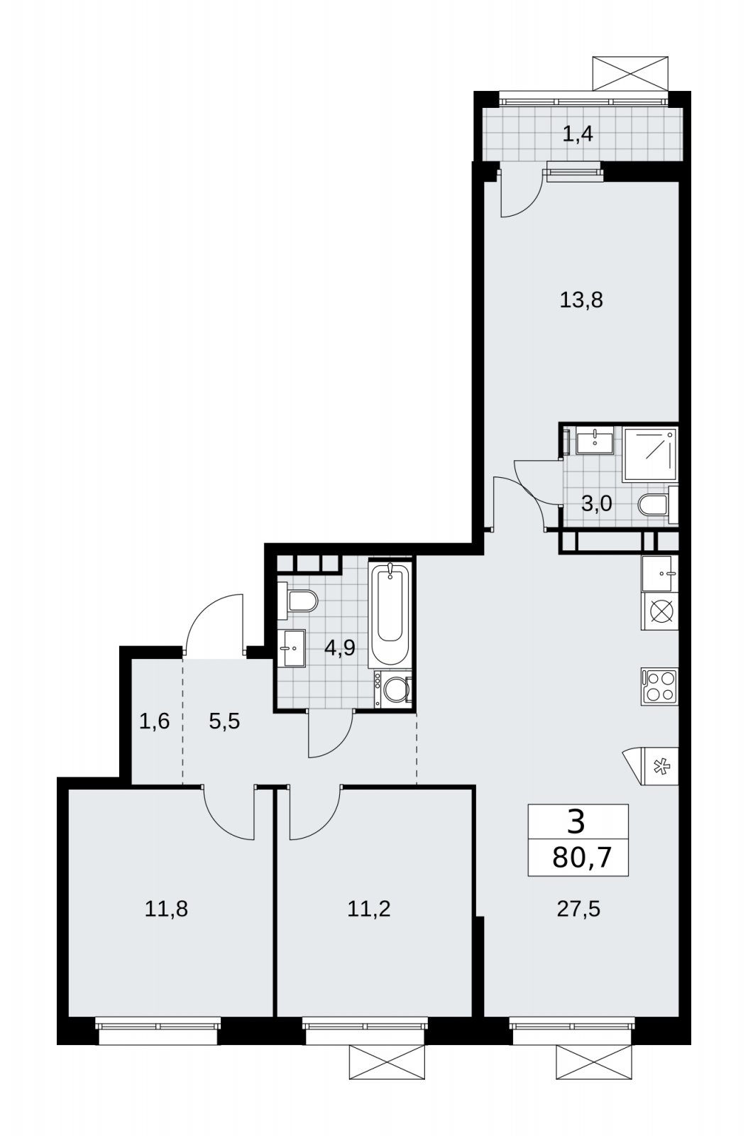 3-комнатная квартира без отделки, 80.7 м2, 11 этаж, сдача 2 квартал 2026 г., ЖК Скандинавия, корпус 25.5 - объявление 2283671 - фото №1