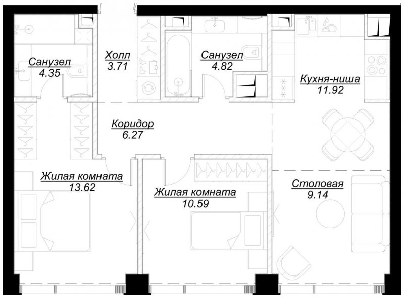 2-комнатная квартира с частичной отделкой, 64.29 м2, 30 этаж, сдача 4 квартал 2024 г., ЖК MOD, корпус Mod.D - объявление 1788335 - фото №1