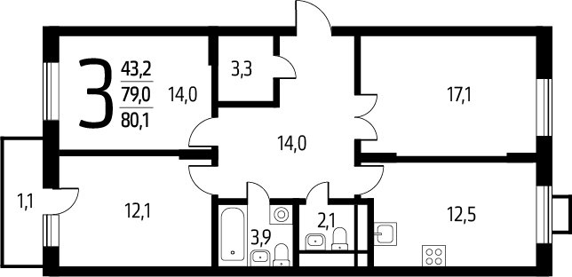 3-комнатная квартира с полной отделкой, 80.1 м2, 9 этаж, сдача 1 квартал 2025 г., ЖК Новые Ватутинки. Заречный, корпус 5/3 - объявление 2271794 - фото №1