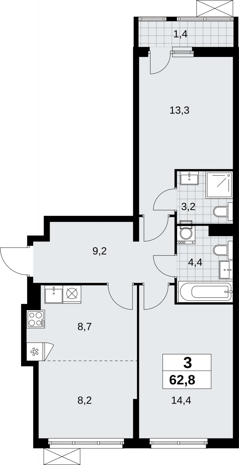 3-комнатная квартира (евро) без отделки, 62.8 м2, 3 этаж, сдача 1 квартал 2026 г., ЖК Дзен-кварталы, корпус 6.2.1 - объявление 2328314 - фото №1