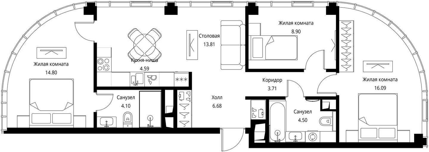 3-комнатная квартира с частичной отделкой, 77.17 м2, 41 этаж, сдача 3 квартал 2026 г., ЖК City Bay, корпус North Ocean 8 - объявление 2240613 - фото №1