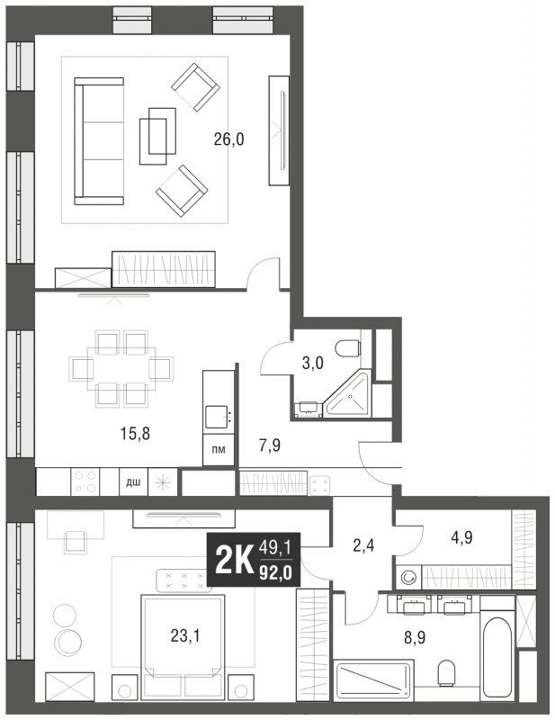 2-комнатная квартира с частичной отделкой, 92 м2, 13 этаж, сдача 2 квартал 2024 г., ЖК AFI Tower, корпус 1 - объявление 1930784 - фото №1