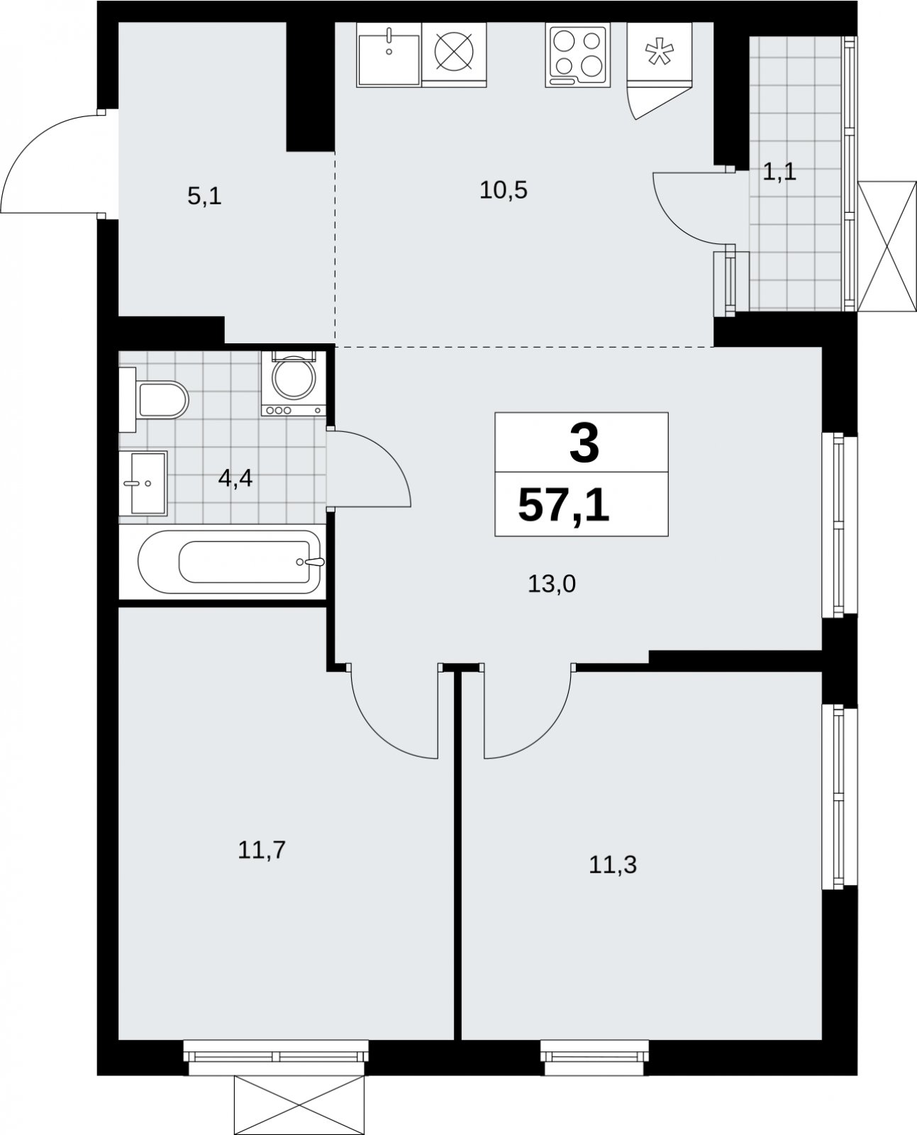 3-комнатная квартира (евро) без отделки, 57.1 м2, 12 этаж, сдача 2 квартал 2026 г., ЖК Дзен-кварталы, корпус 6.1.1 - объявление 2327201 - фото №1
