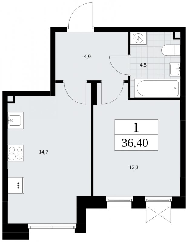 1-комнатная квартира с частичной отделкой, 36.4 м2, 2 этаж, сдача 4 квартал 2024 г., ЖК Бунинские кварталы, корпус 1.2 - объявление 1834399 - фото №1
