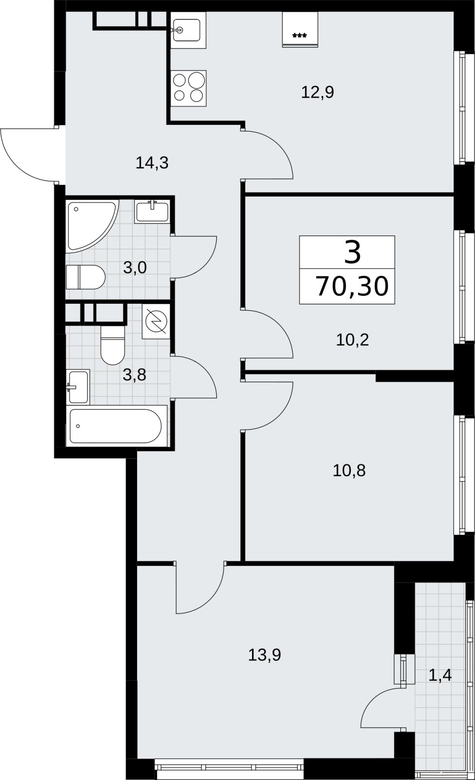 3-комнатная квартира с полной отделкой, 70.3 м2, 9 этаж, сдача 4 квартал 2026 г., ЖК Родные кварталы, корпус 3.3 - объявление 2378596 - фото №1