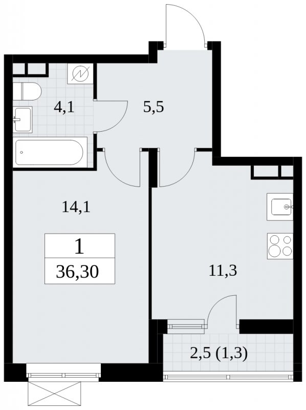 1-комнатная квартира без отделки, 36.3 м2, 12 этаж, сдача 1 квартал 2025 г., ЖК Прокшино, корпус 5.1.3 - объявление 1810715 - фото №1